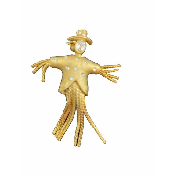 Estate Gold Tone Scarecrow Brooch w/ Rhinestones Bling Grannycore - Picture 2 of 10